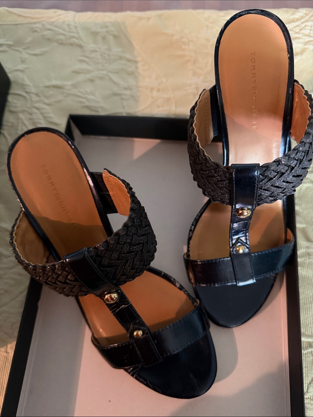 Tommy Hilfiger Black Braided-Strap Slide Sandals with Gold Accents